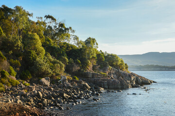 landscape portrait of hiking trails along  cape pillar, apart of the three cape trek in Tasmania,...