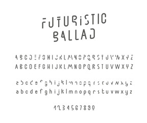 English alphabet with an alternative font. Futuristic trendy modern space font. Letters drawn by hand with a brush. Lettering.