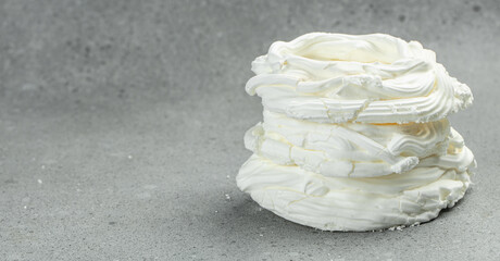 Large meringue Pavlova cake. Baking at home, Long banner format