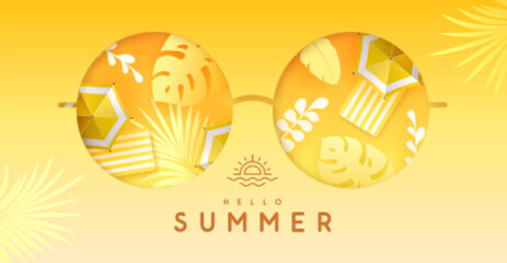 Naklejka premium Cut out paper round shaped sunglasses silhouette with beach umbrella and tropic leaves. Vector illustration.