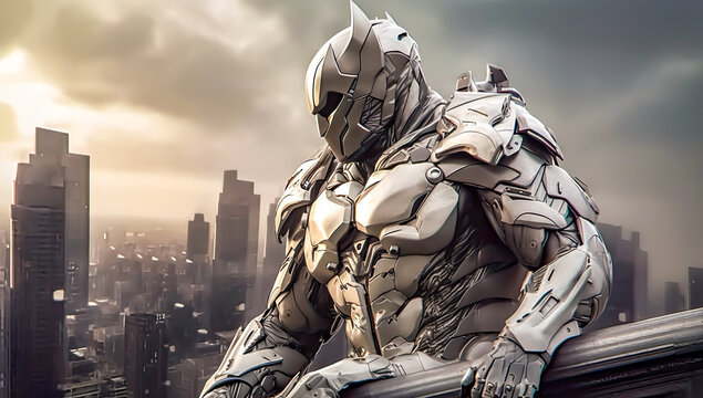 A person in white metal armor, in superhero style, on top of a building looking out over the city
