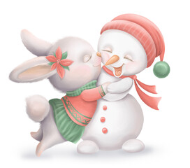 Cute cartoon rabbit with snowman, Christmas card friends baby bunny hugs snowmen hand drawn illustration - 625857819