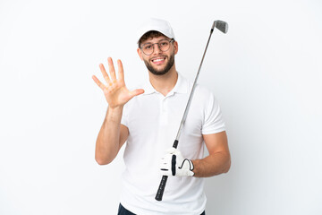 Handsome young man playing golf  isolated on white background counting five with fingers
