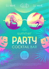 Colorful summer cocktail disco party poster with tropic leaves and flamingo. Summertime beach background. Vector illustration