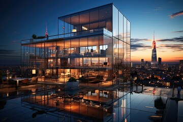 Fototapeta premium modern building in the city at night and beautiful landscaping