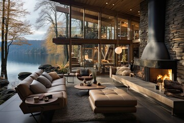 Interior of a modern living room with a large window overlooking the lake