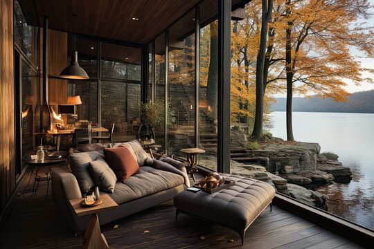 Interior of a modern living room with a large window overlooking the lake © ttonaorh