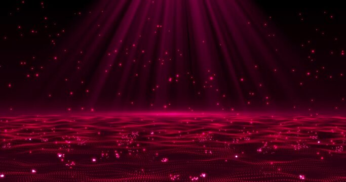Abstract sparkling particle cyber waves, starfall with light rays and particle bounce, beautiful particle flow, colorful sparkles. Magic bokeh, abstract background. Seamless loop.