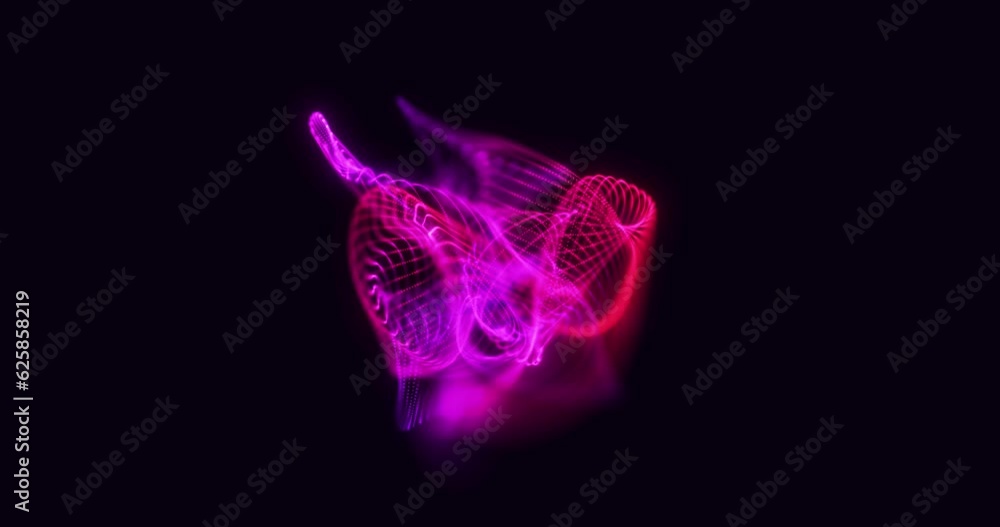 Poster abstract plasma from particles with light background, pink purple fluid particle form and waves of m
