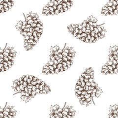 Hand-drawn vector seamless pattern of bunch of grapes. Vintage doodle illustration. Sketch for cafe menus and labels. The engraved image.