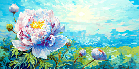 Fototapeta na wymiar illustration of colorful spring or summer flower field blooming with peony blossom,in painting style.morning nature freshment idea.generative ai art