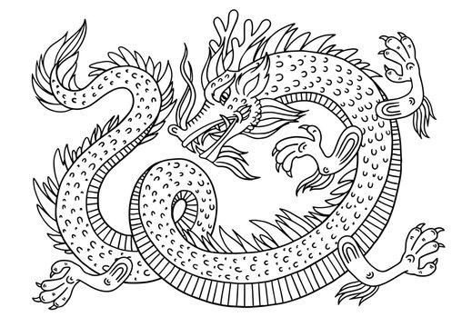 Black contour dragon on white background. Chinese New Year. Vector line art for coloring book, tattoo design