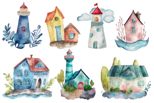 Seaside cartoon houses set cute watercolor illustration