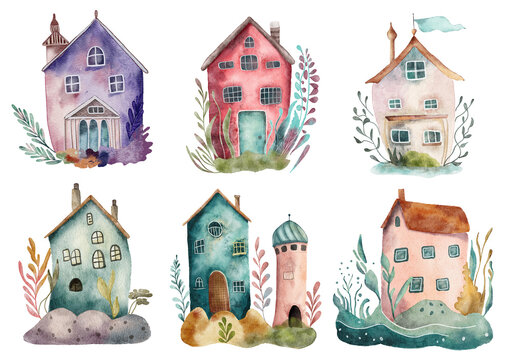 Seaside cartoon houses set cute watercolor illustration