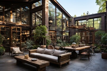 Naklejka premium Luxury restaurant with tables and chairs in the evening. Restaurant exterior