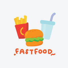 Fastfood cute doodle. Hamburger set with French fries and soft drink.