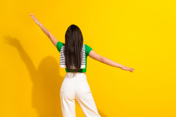 Photo of dreamy carefree girl dressed green t-shirt standing back arms sides empty space isolated yellow color background