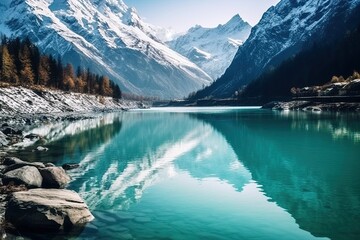 Beautiful mountain lake with clear water and snow-capped mountains