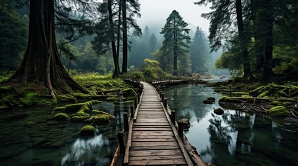 Wooden bridge over a river in the forest. Nature composition