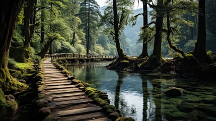 Wooden bridge over a river in the forest. Nature composition