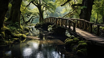 Wooden bridge over a river in the forest. Nature composition