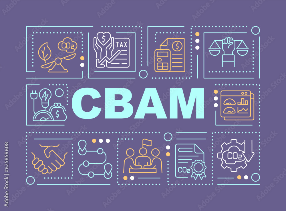 Poster cbam text concept with various thin line icons on dark monochromatic background, 2d vector illustrat