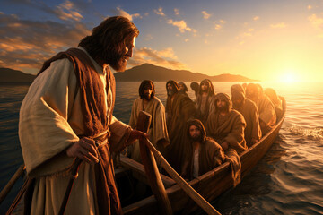 Illustration of Jesus Christ accompanied by the apostles on a boat on the Sea of Galilee Generative AI Illustration - obrazy, fototapety, plakaty