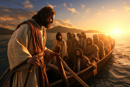 Illustration of Jesus Christ accompanied by the apostles on a boat on the Sea of Galilee Generative AI Illustration