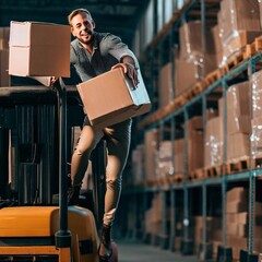A man carrying cargo on a forklift for delivery Generative AI