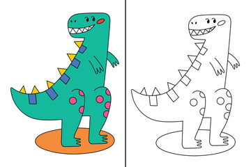 Naklejka premium Smiling dinosaur coloring page, cute tyrannosaurus for colorations, childish vector illustration for coloring book, outline doodle drawing with colored example, isolated clipart on white background