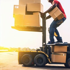 A man carrying cargo on a forklift for delivery Generative AI
