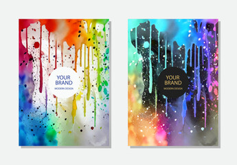 Set of colorful watercolor backgrounds. Grunge texture with stains, stains, splashes, dripping paint. Collection of vertical templates for presentation, cover template, brochure, poster, booklet.
