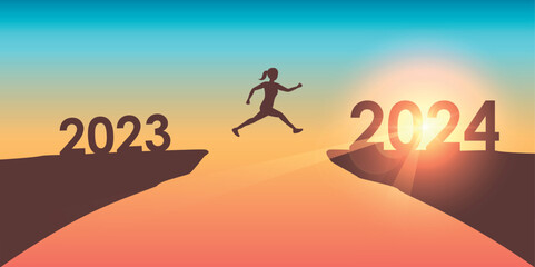 woman jumping over a cliff from 2023 to 2024 on sunny blue background vector illustration EPS10