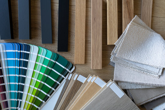 Color scheme palette guide catalog with colour swatches. Wooden flooring and furniture material samples. Wood slats lamella panels for home wall decoration. Interior design flat lay composition.