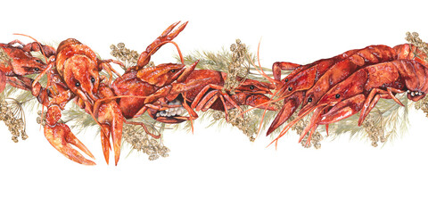 Seamless border, banner of boiled crayfish and dill. Watercolor illustration isolated on transparent background. Designed for printing on textiles, packaging