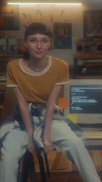 Vertical shot of young woman wearing casual outfit with eyeglasses sitting on desk with old computer on it in retro garage office