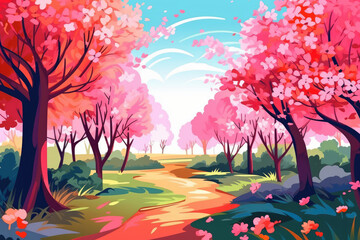 all with colorful pink blossom trees illustration Generative AI