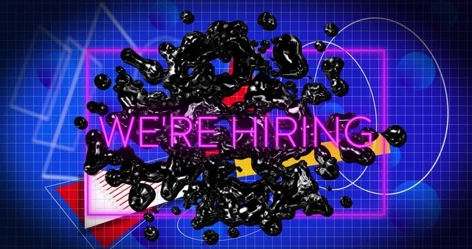 Animation of we are hiring text in rectangle over geometric shapes, abstract pattern in background