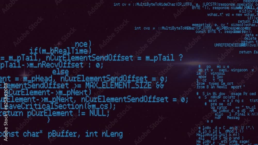 Aufkleber animation of looping computer language over lens flares against black background