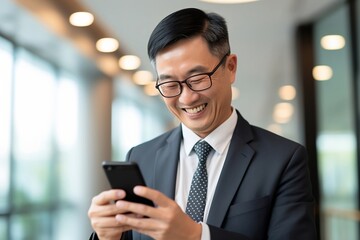 An aged Asian man with glasses in formal clothes writes a message on his phone