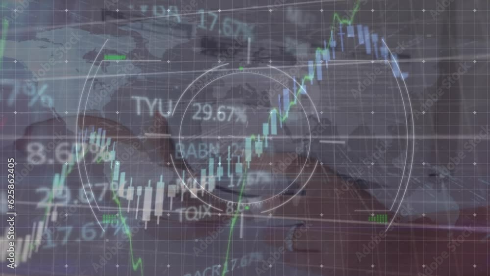 Poster animation of circles over multiple graphs and trading board against map in background