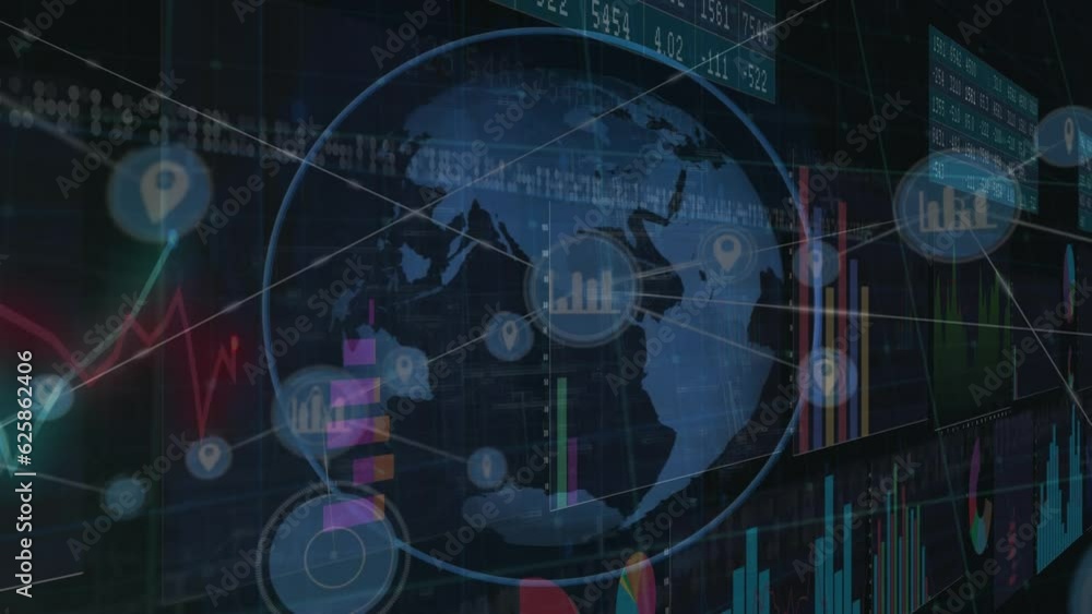 Poster animation of connected icons over globe in circle and multiple graphs against black background