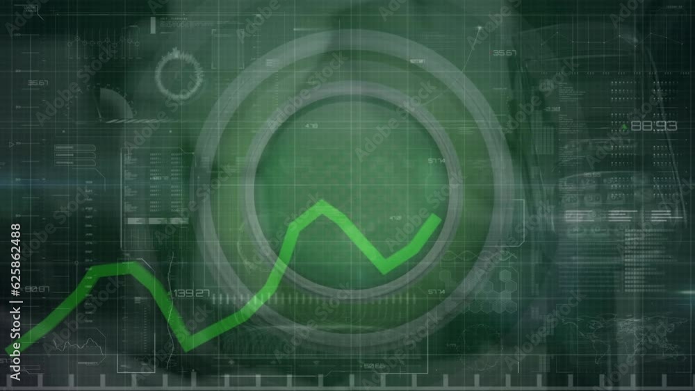 Poster Animation of graph over loading bars, changing numbers against circles, dense clouds in background