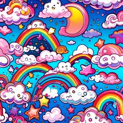 Cartoon clouds rainbows space. Fun..cute, coloful.