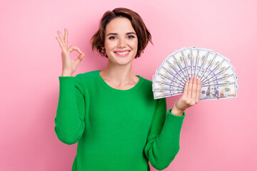 Photo of charming young girl wear pullover show okey sign money dollars high profit income casino winner isolated on pink color background