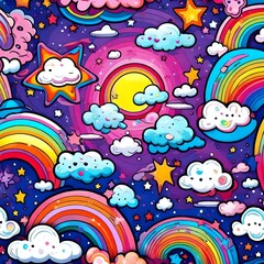 Fototapeta na wymiar Cartoon clouds rainbows space. Fun..cute, coloful.
