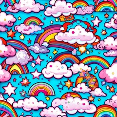Cartoon clouds rainbows space. Fun..cute, coloful.