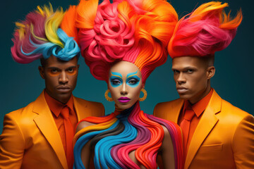 Three people together with colorful hair, clothing and make up. Concept image on the diversity of the lgbt community. Generative AI