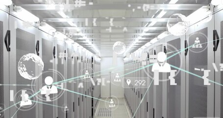 Animation of connected icons, globes, numbers and icon in notification bars over server room - Powered by Adobe