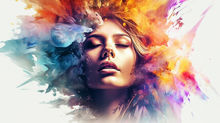 Women faces watercolor illustration, horizontal copy space on pastel pink background. Generative AI